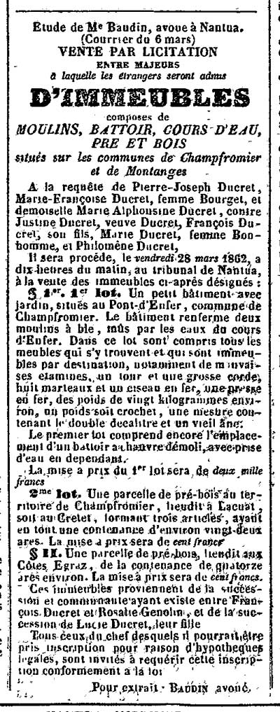 Vente des moulins du Pont d'Enfer